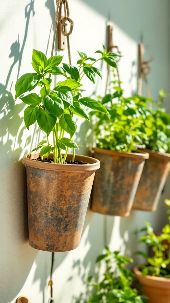 Potted herbs hanging on a wall, including basil and other green plants.