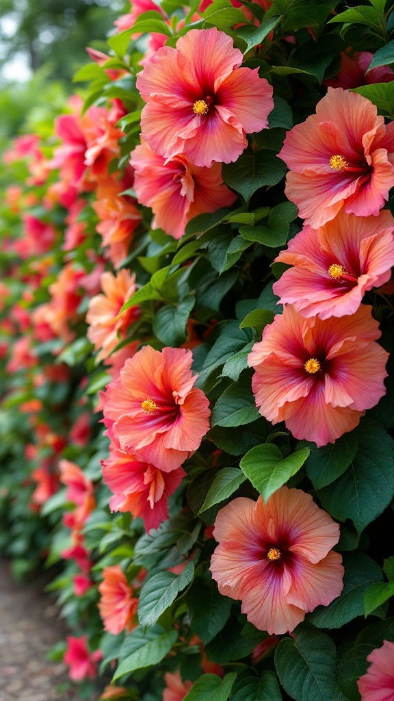 A lush hedge of vibrant hibiscus flowers in shades of pink and orange.