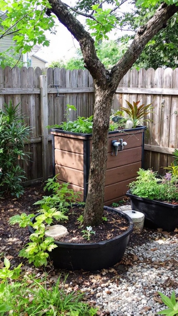 A sustainable garden with a wooden shed and rainwater collection systems.