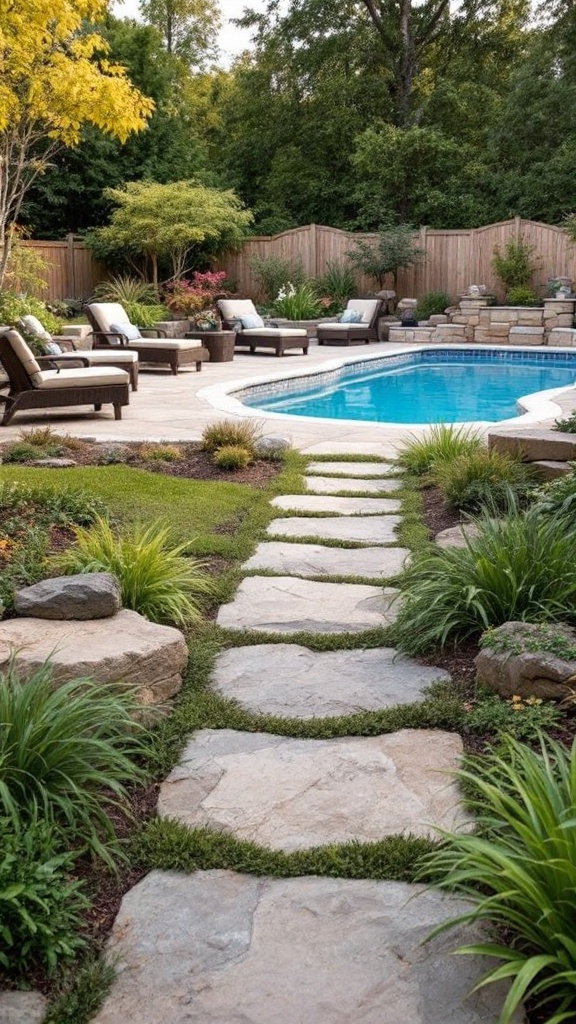 A backyard with a stone path leading to a pool, surrounded by lush greenery and seating.