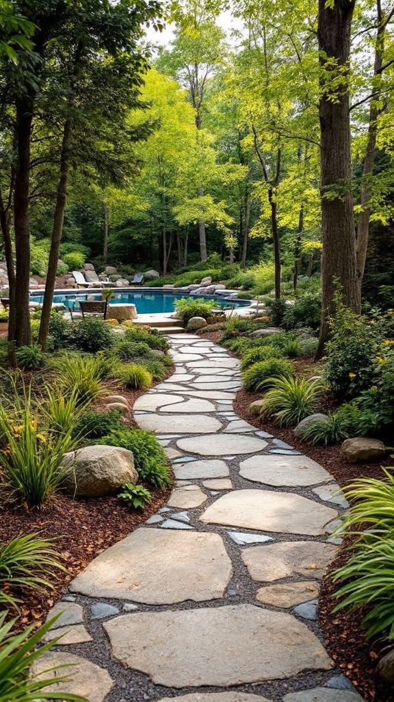 A scenic stone pathway leading through a lush garden towards a pool area.