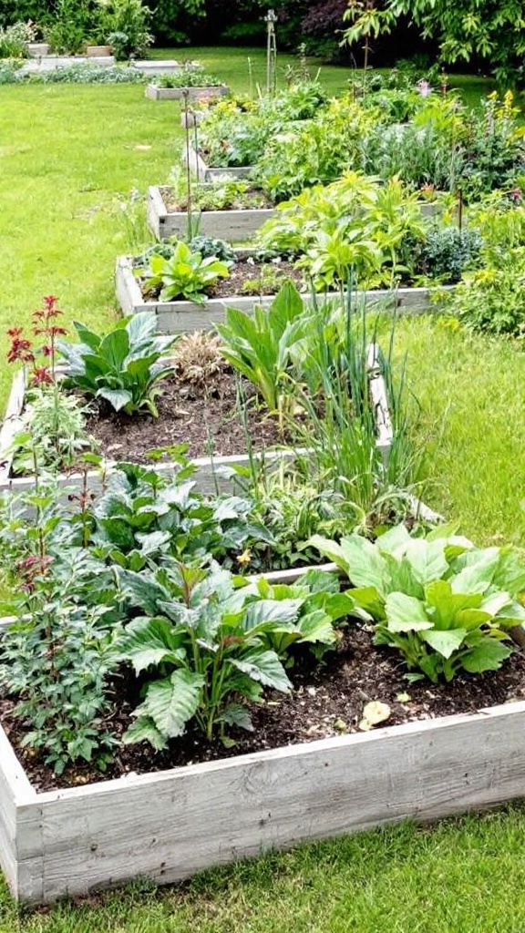 A garden with raised beds filled with various vegetables and herbs.