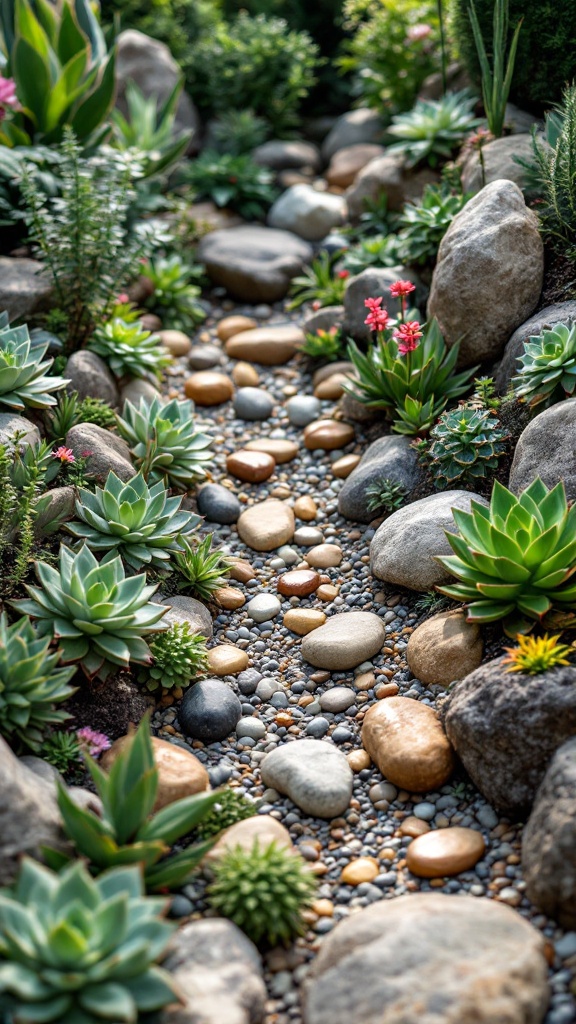 A beautifully arranged rock garden featuring various stones and succulent plants.