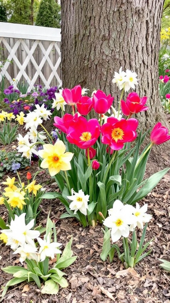 Bright seasonal flower bed with tulips and daffodils