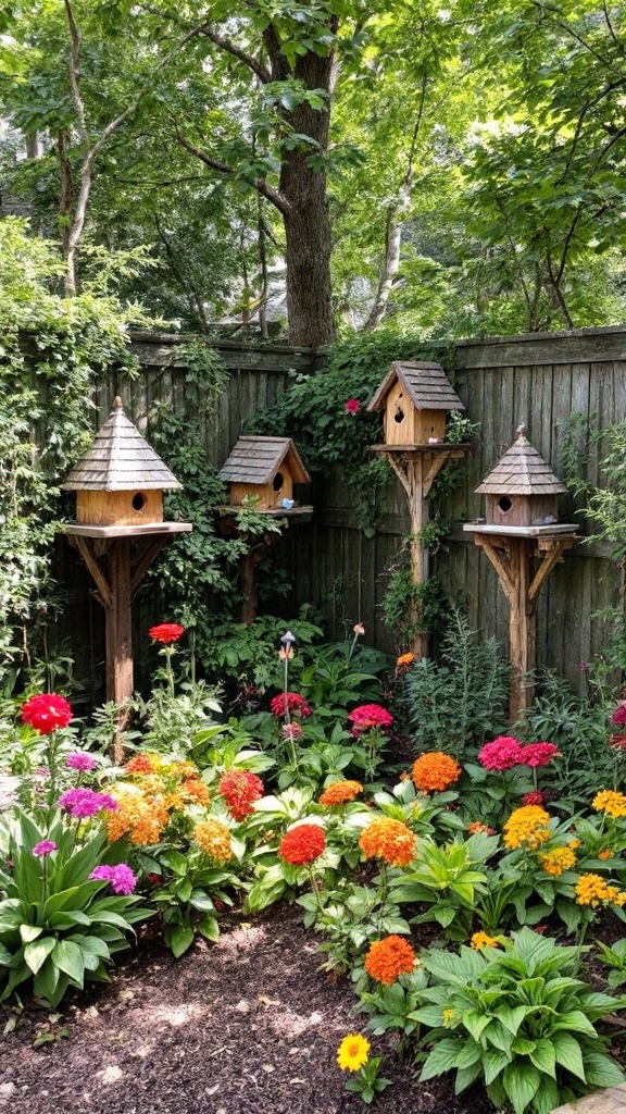 A garden with birdhouses and vibrant flowers, promoting wildlife habitats.