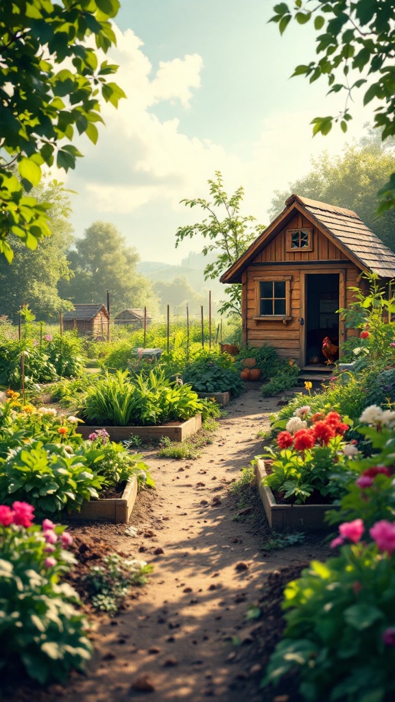 A charming chicken coop surrounded by a vibrant garden with flowers and plants.