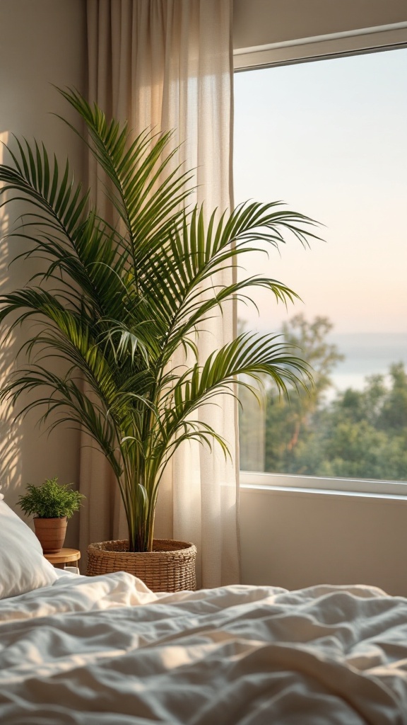 A Lady Palm plant next to a window in a cozy bedroom setting.