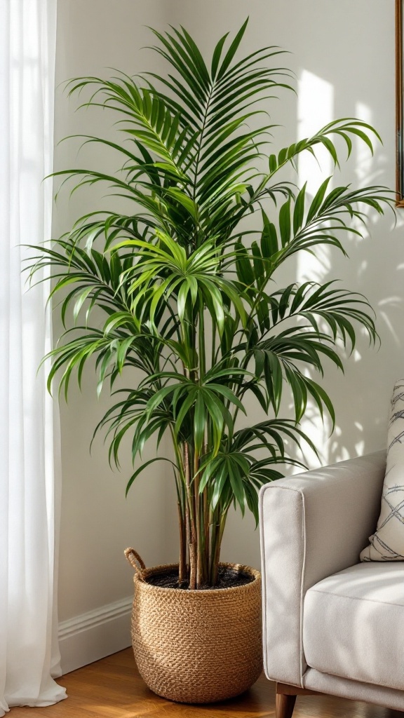 A lush Lady Palm plant in a woven pot beside a light-colored sofa.