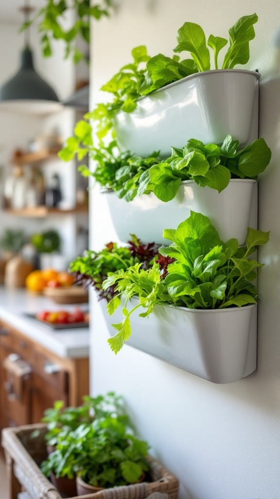 A variety of lush green lettuce growing in a window planter.