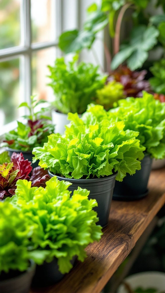 Various types of lettuce in pots on a wooden shelf by a window