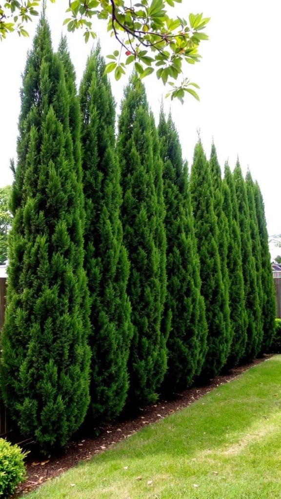 Row of tall Leyland cypress trees providing privacy in a garden.