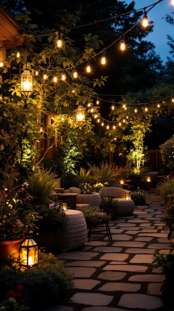 A beautifully lit garden pathway with string lights and lanterns, surrounded by greenery and cozy seating.