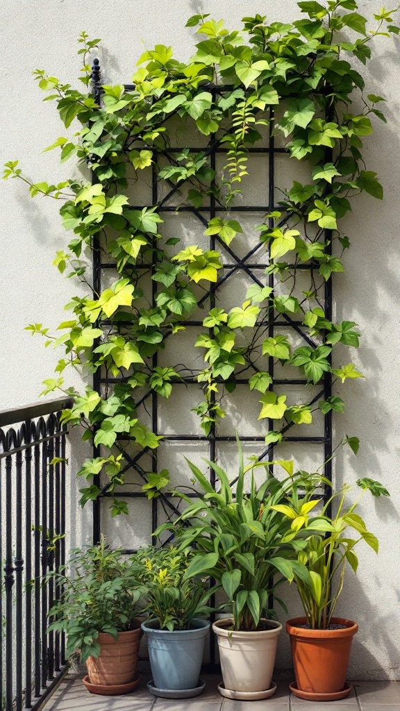 A mini garden trellis covered in vibrant green vines, with potted plants in front.