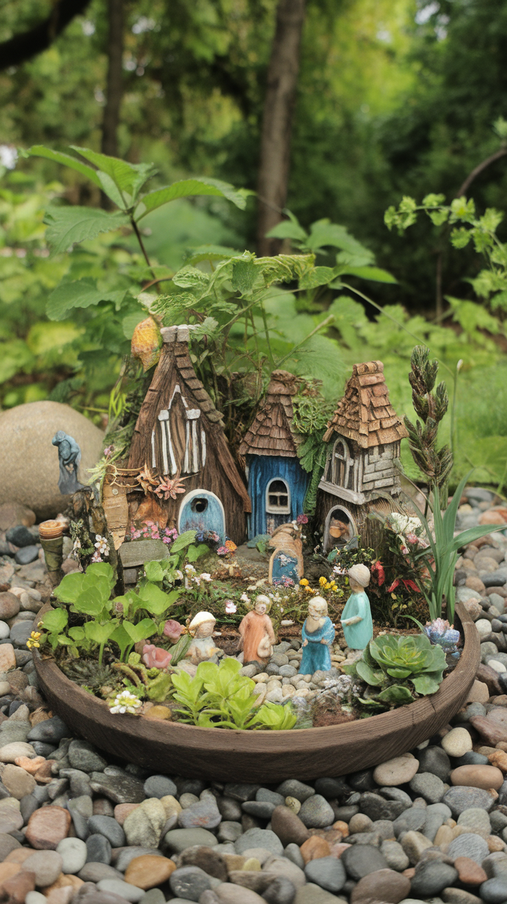 A miniature fairy garden featuring small houses and figurines surrounded by plants and rocks.