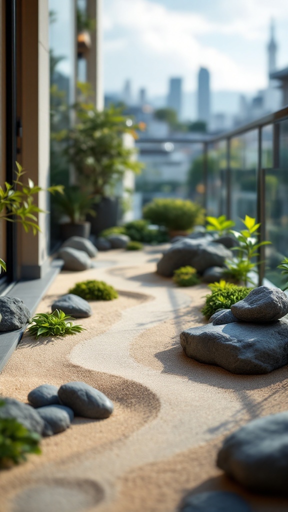 A miniature zen garden featuring sand, stones, and plants on a small balcony.