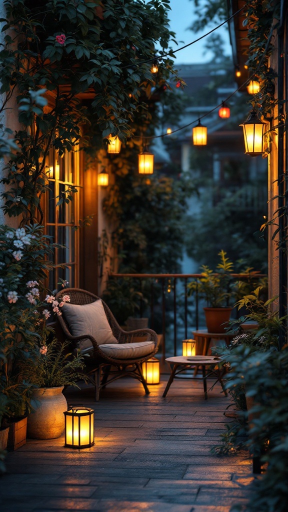 A small balcony with lanterns and plants, creating a warm and inviting atmosphere.