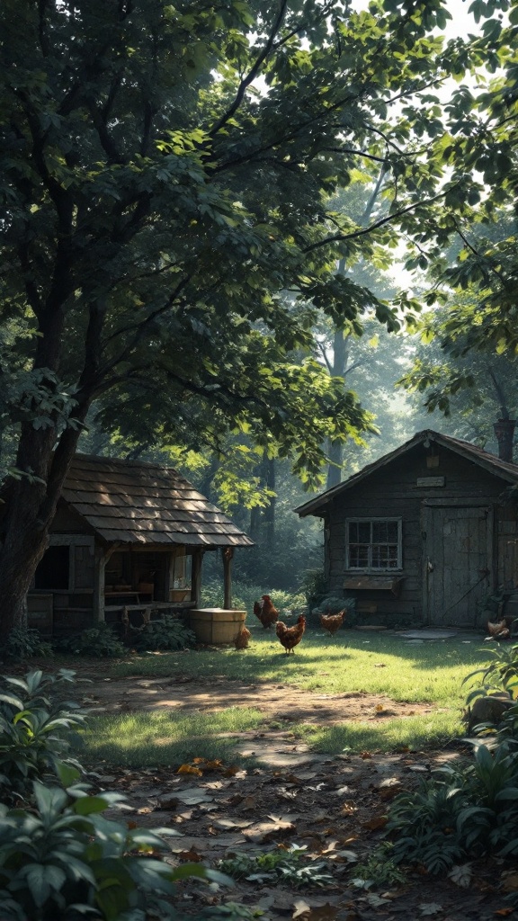 A serene backyard scene with a chicken coop and trees providing natural shade for chickens.