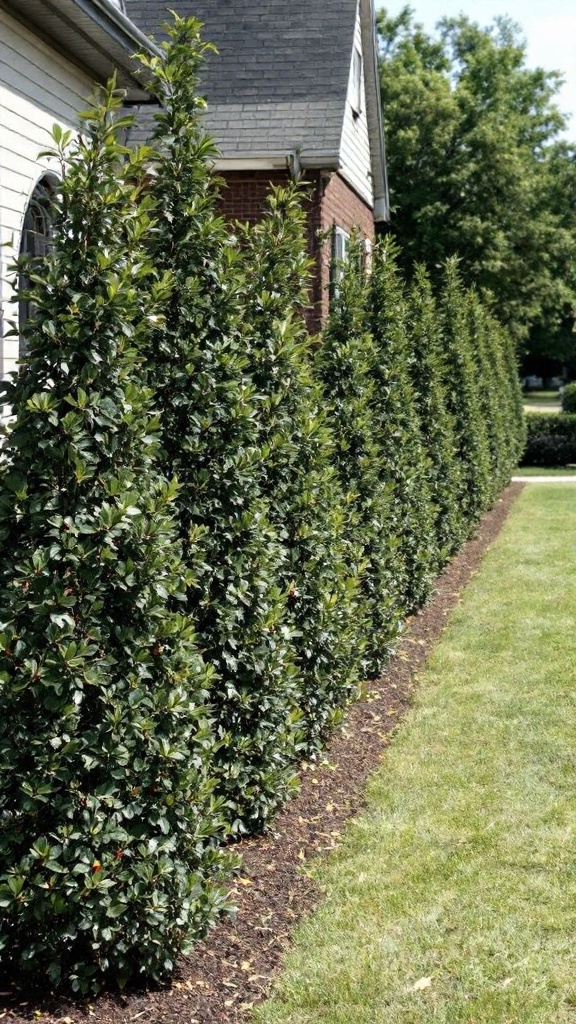 Row of Nellie Stevens Holly shrubs in a landscaped garden.