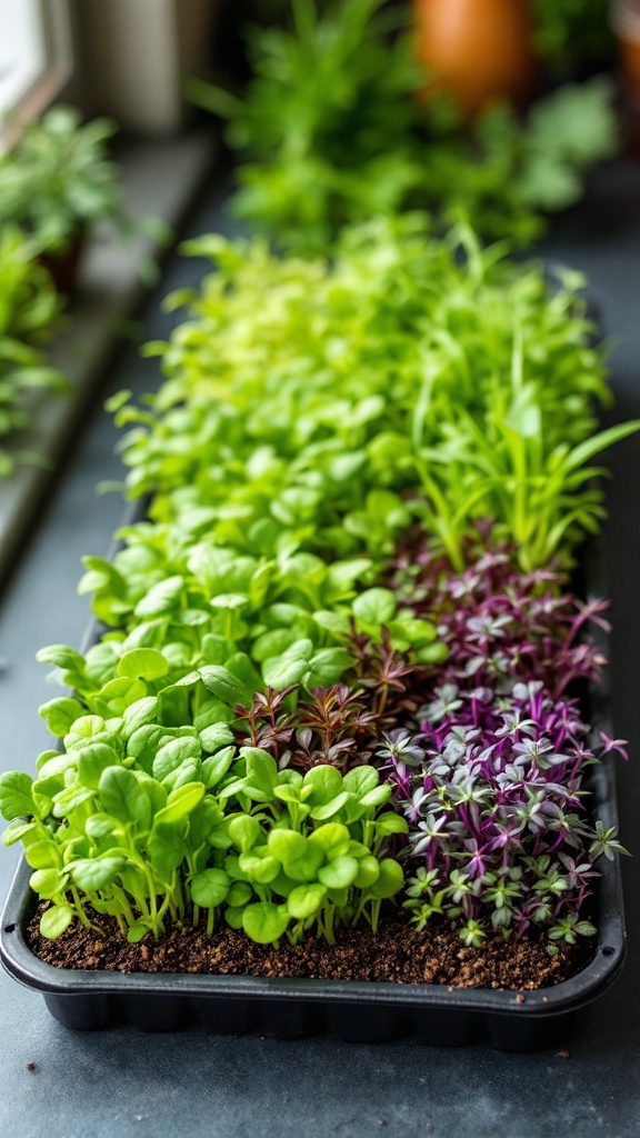 A tray of various microgreens showcasing vibrant colors and healthy growth.