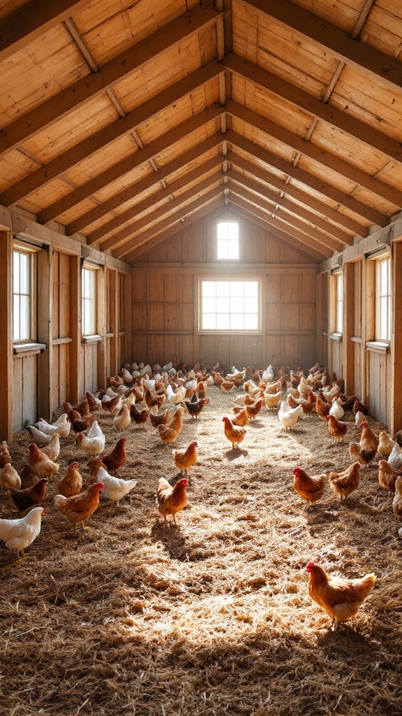 A spacious interior of a chicken house filled with chickens and straw bedding.