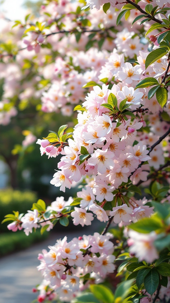 Close-up of blooming Osmanthus flowers with pink petals and green leaves