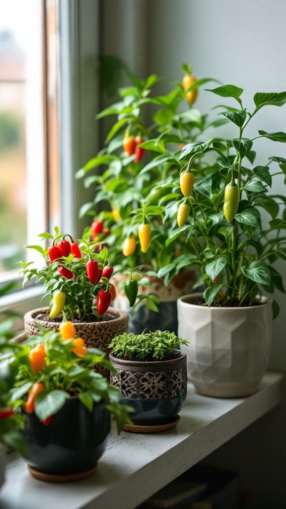 Colorful peppers in a variety of planters on a windowsill.