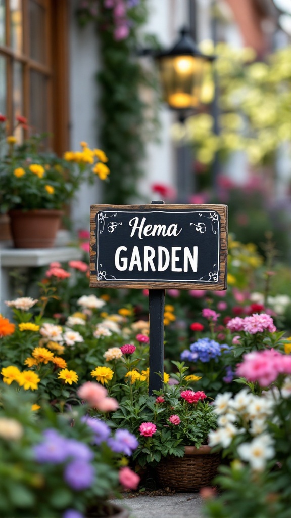 A decorative garden sign that reads 'Hema GARDEN' surrounded by colorful flowers.