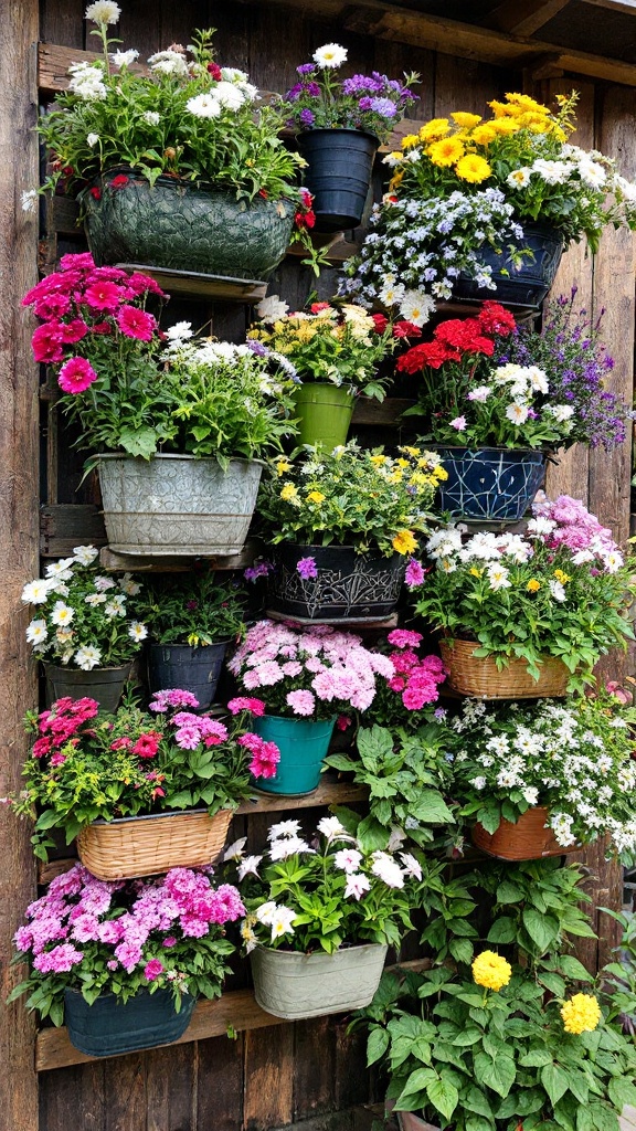 A vibrant display of colorful flowers arranged in stacked containers.