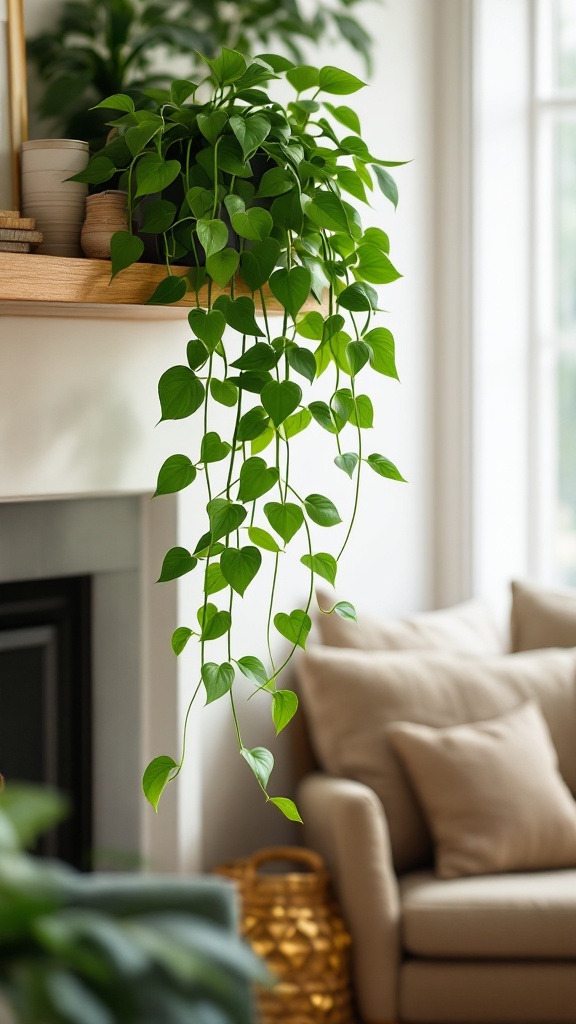 A lush Pothos plant with long vines cascading over a wooden shelf, set in a bright and cozy living room.