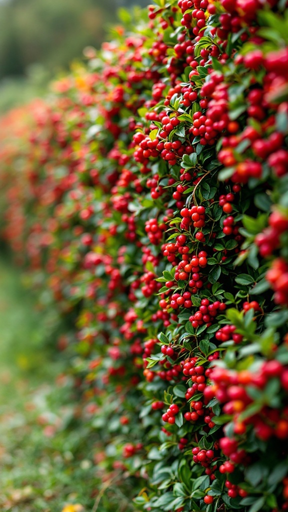 A vibrant Pyracantha hedge laden with bright red berries.