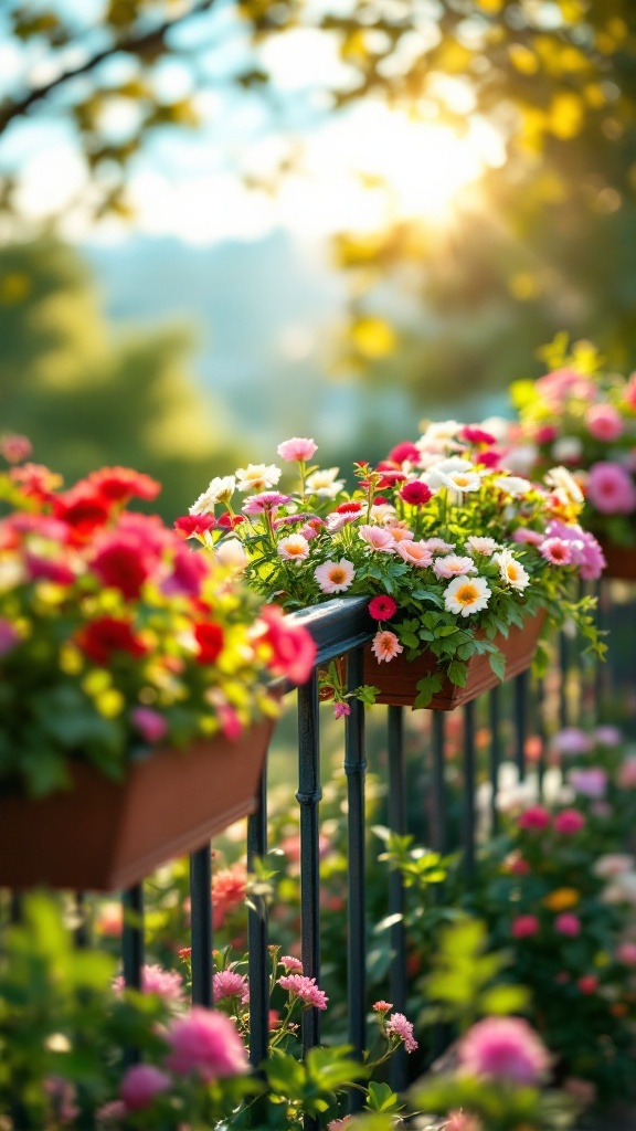 Colorful flowers in rail planters on a balcony