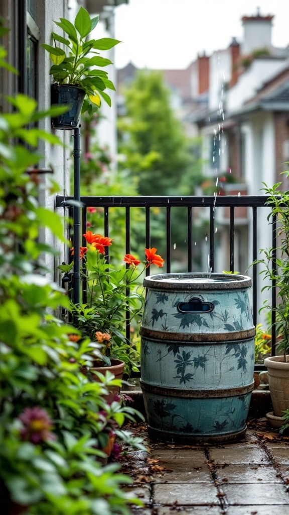 A rain barrel collecting water on a small balcony surrounded by colorful flowers and greenery.