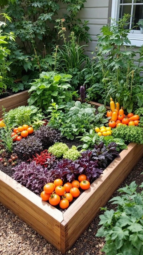 A colorful raised bed garden filled with various vegetables and herbs.