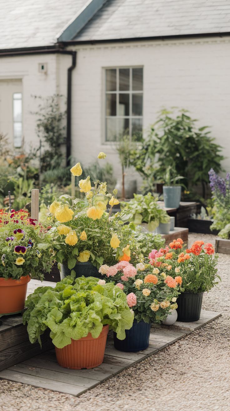 Colorful pots of flowers and leafy greens arranged in a garden area.