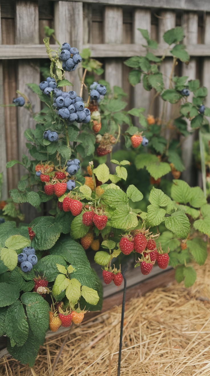 A variety of small fruit bushes with blueberries and strawberries growing next to a wooden fence.