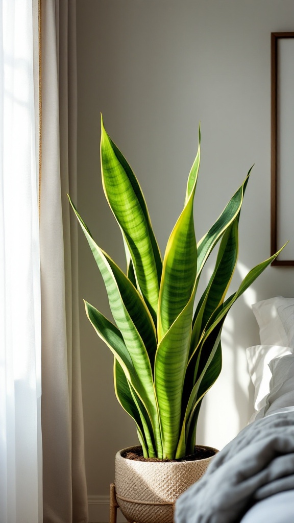 A tall snake plant with green and yellow leaves in a cozy bedroom setting.