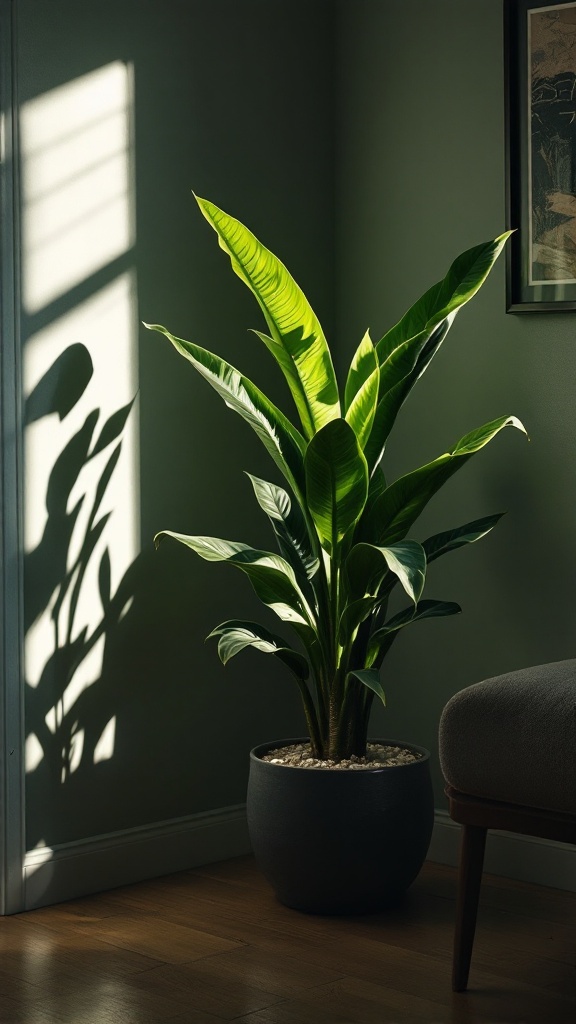 A healthy snake plant with tall, green leaves in a pot, positioned in a low-light corner of a room.