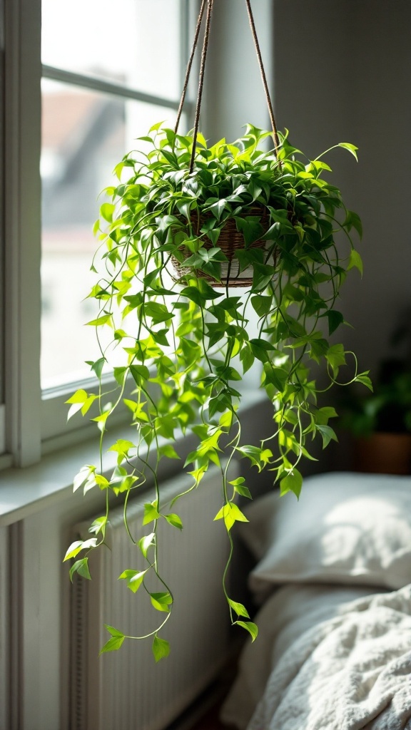 A lush spider plant hanging in a bright room, showcasing its trailing green leaves.