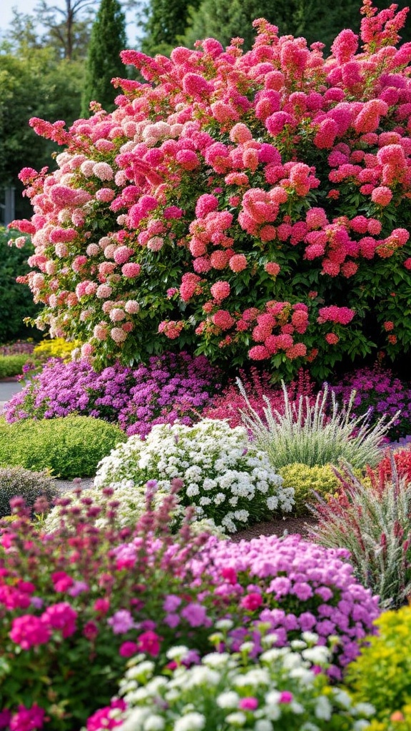 Colorful spirea shrubs in a garden setting, showcasing vibrant pink and white flowers.