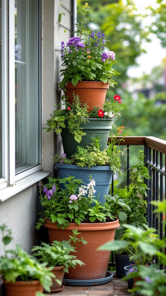 A vertical garden made of stacked planter pots with vibrant flowers and greenery.