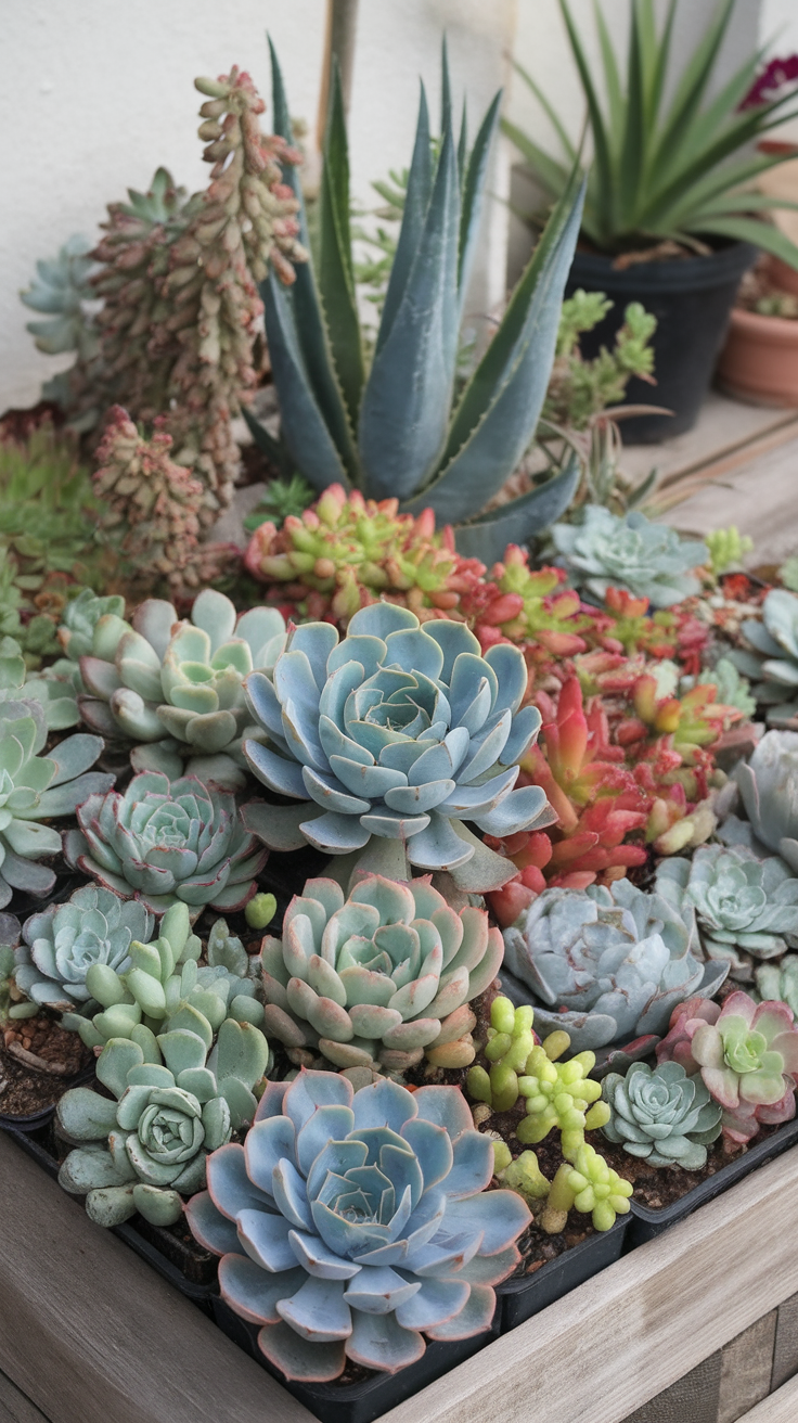 A vibrant display of various succulent plants in a pot.