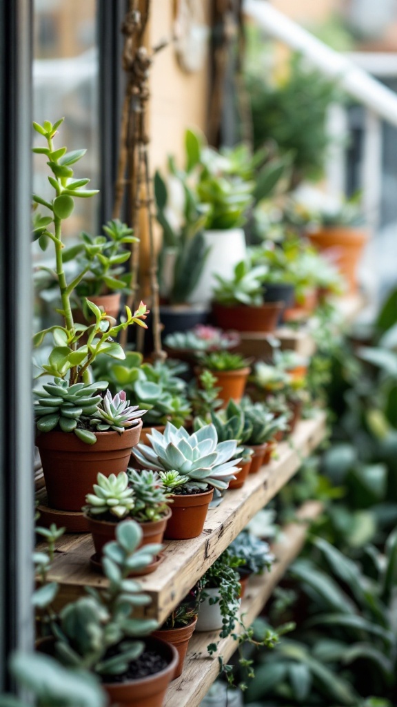 A shelf filled with various succulent plants in clay pots.