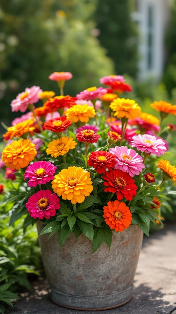 Colorful zinnia flowers in a metal pot