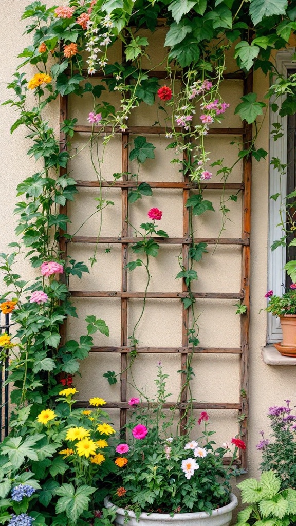 A vibrant small balcony garden featuring a wooden trellis with climbing plants and colorful flowers.