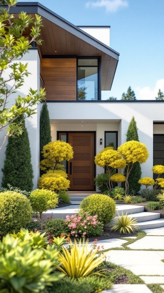 A contemporary home entrance featuring stylish bush varieties and a welcoming pathway.