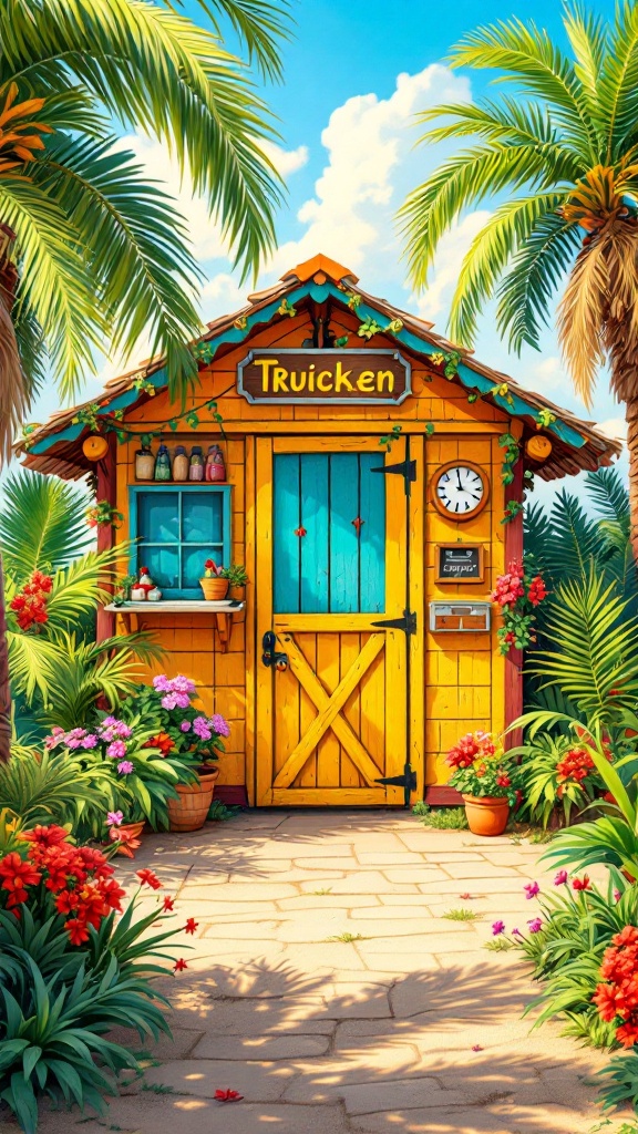 A vibrant tropical-themed chicken coop surrounded by palm trees and colorful flowers.