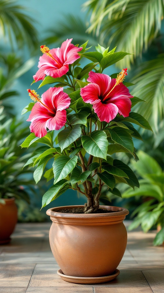 A vibrant Tropical Hibiscus plant with bright pink flowers in a ceramic pot, surrounded by lush green foliage.