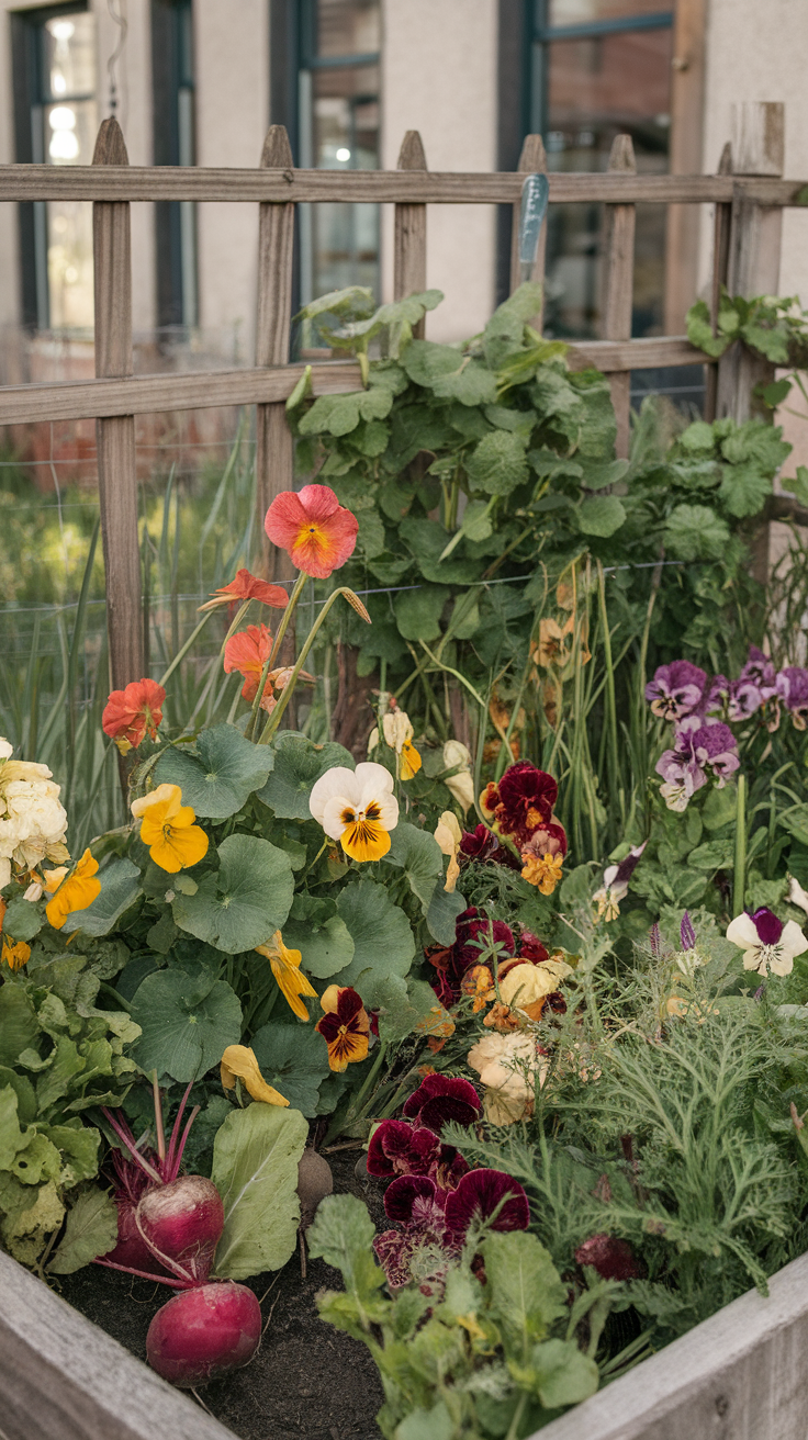 A vibrant garden bed filled with various edible flowers and leafy greens.