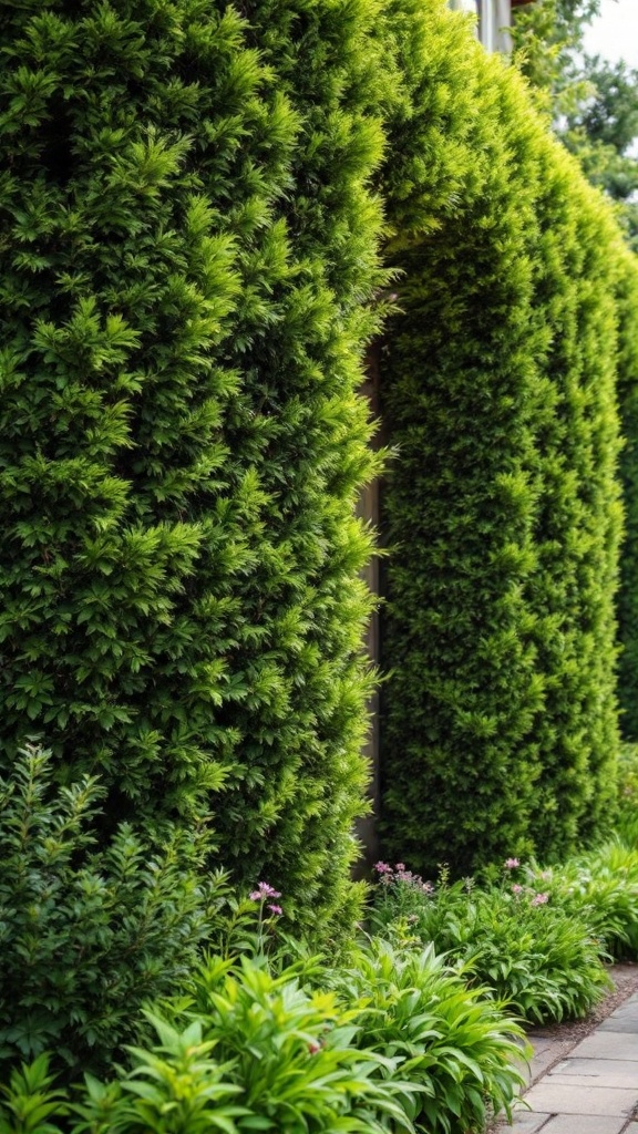 Lush green bushes forming a natural privacy screen in an outdoor setting.