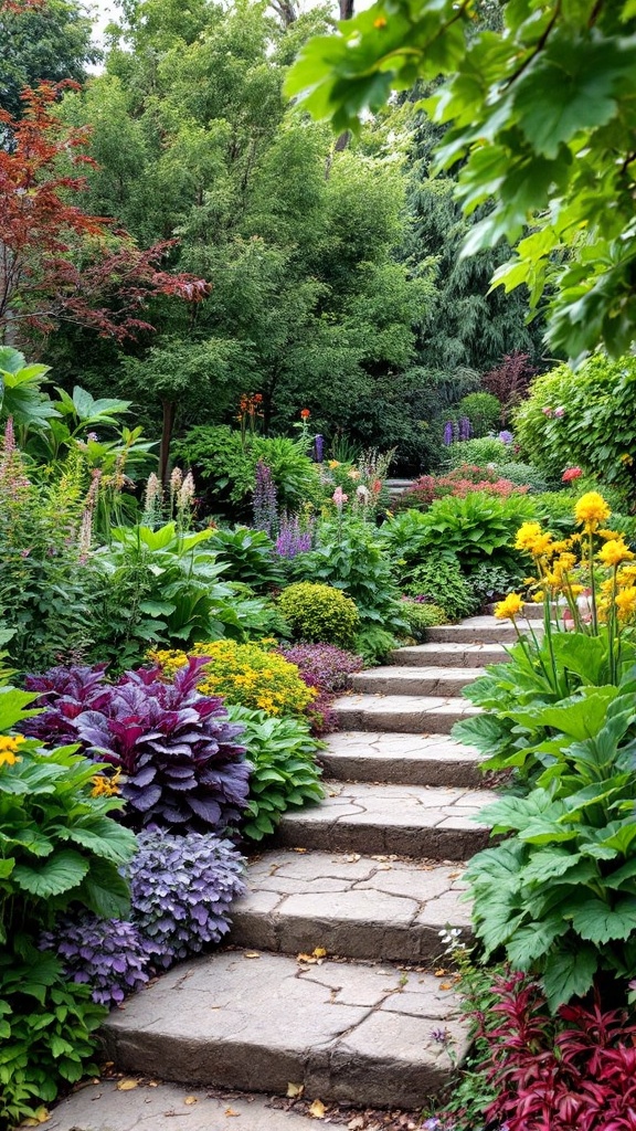 A lush garden with various colorful plants and stone steps